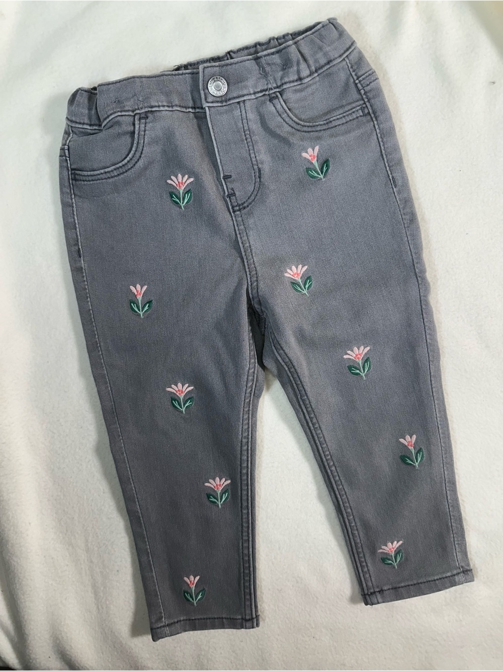 NWOT H&M Baby Girls’ Gray Jeans with Pink Floral Embroidery Size 18M